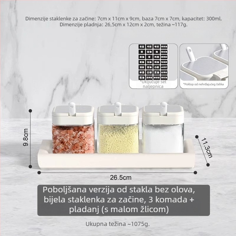 Staklena kutija i set posuda za začine, kutija za skladištenje čvrstih začina, mogućnost tiskanja logotipa, prilagodba, premium kvaliteta, moderno minimalistički dizajn