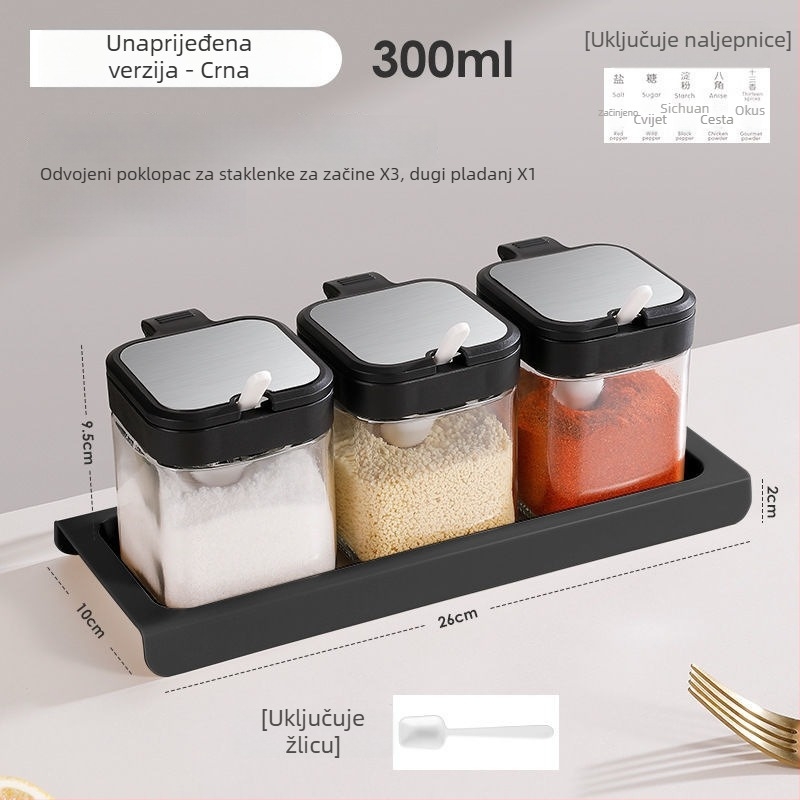 Staklena kutija i set posuda za začine, kutija za skladištenje čvrstih začina, mogućnost tiskanja logotipa, prilagodba, premium kvaliteta, moderno minimalistički dizajn