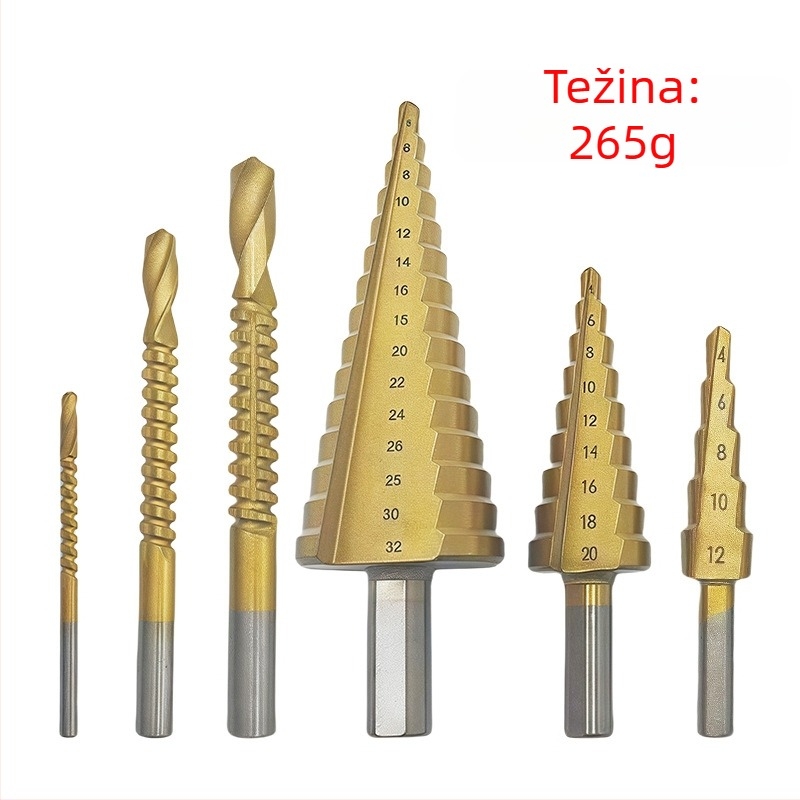Set od 6 Pagoda bušilica s nazubljenim dizajnom, titanij- obložene, za drvo — bušenje rupa, usitnjavanje i prolaz kroz stepenice