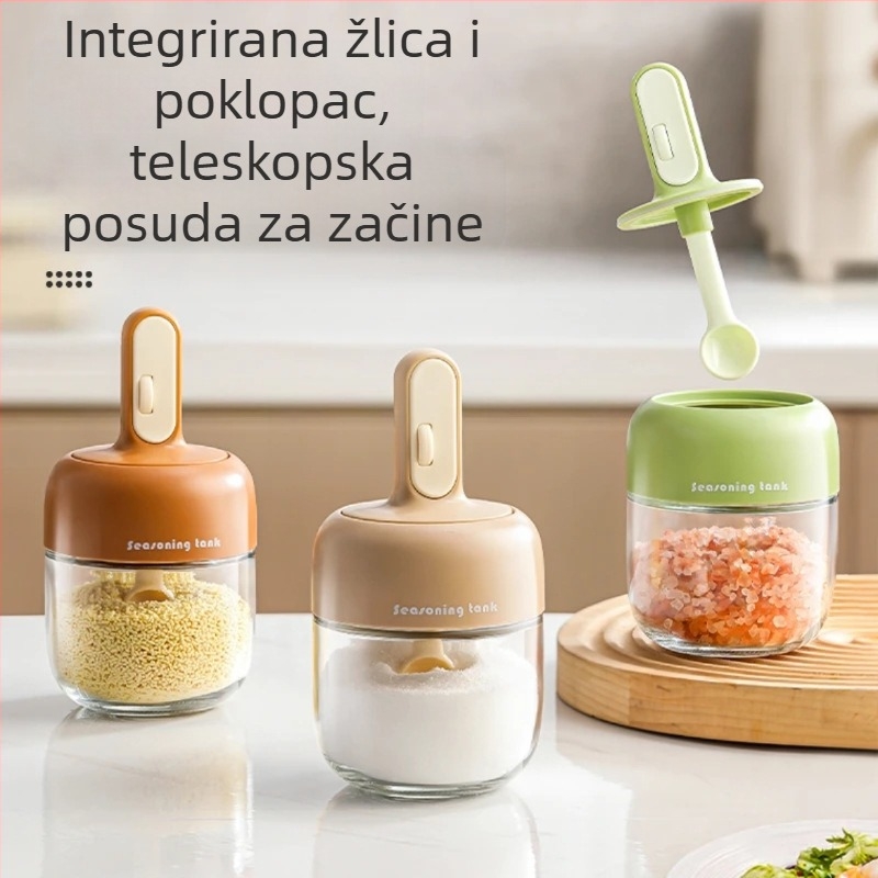 Teleskopska posuda za začine s integriranim poklopcem i kašičicom, staklena brtvljena set za sol i začine