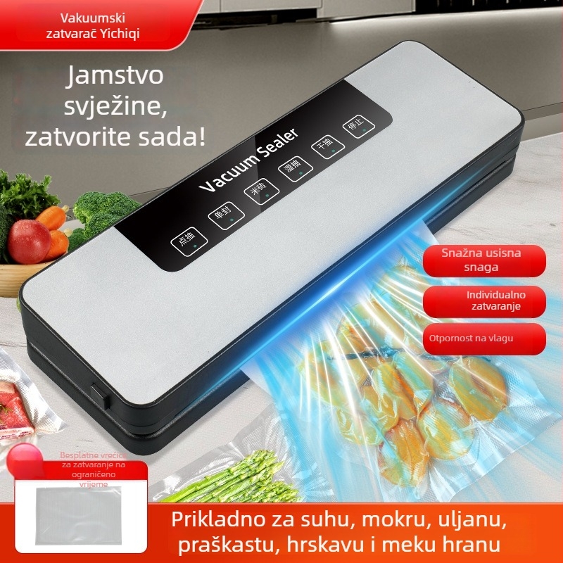 Automatski višefunkcionalni kućni vakuumski stroj za pakiranje, 220 V, ABS kućište, kapacitet 500-1000 ml, dimenzije pakiranja 37.5x13.5x6.2 cm, težina 780 g