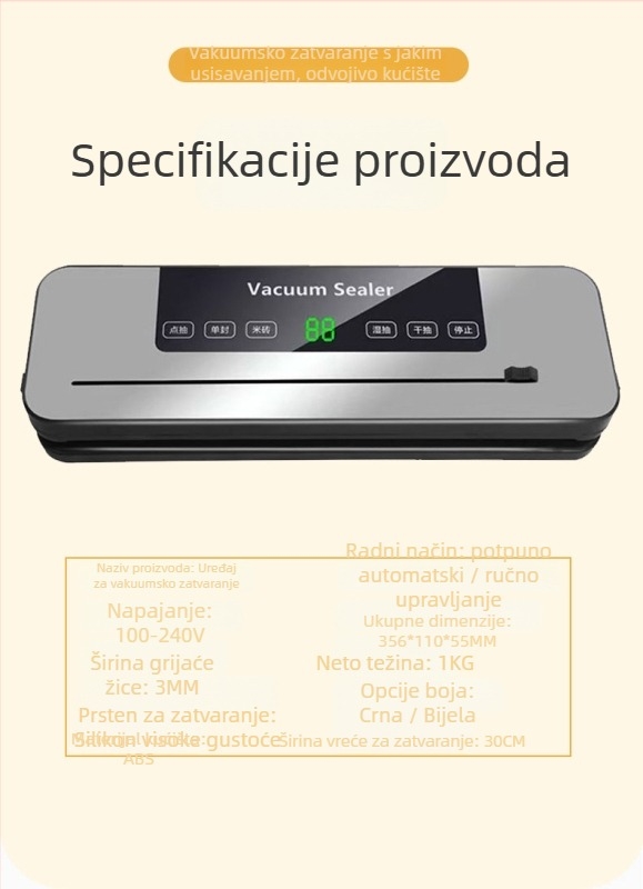 Vakuumska mašina za zatvaranje paketa – suhe i mokre namirnice, integrirana UV sterilizacija, 100-240V, 120W, kapacitet 1500-2000 ml