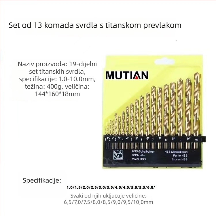 Set od 13 komada spiralnih svrdla za drvo, titanom prekrivenih HSS-om, za električni odvijač