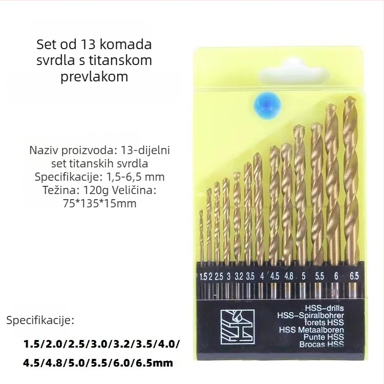 Set od 13 komada spiralnih svrdla za drvo, titanom prekrivenih HSS-om, za električni odvijač