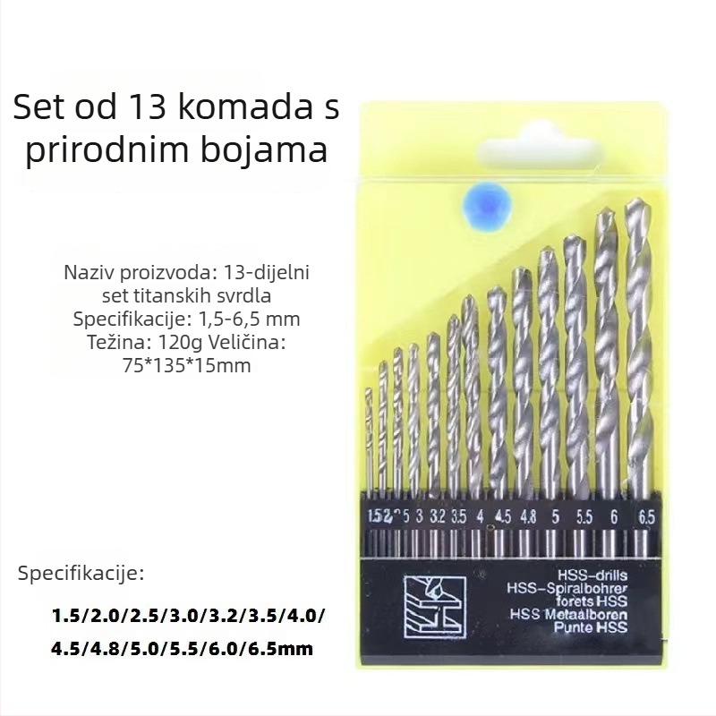 Set od 13 komada spiralnih svrdla za drvo, titanom prekrivenih HSS-om, za električni odvijač