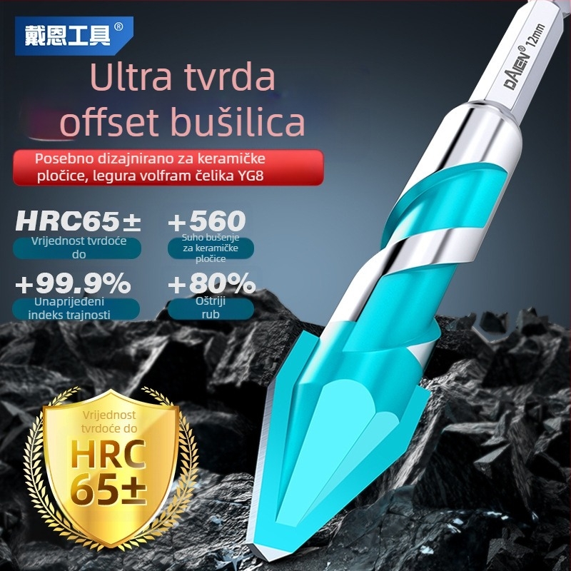 Dane Tools ekscentrično bušilno svrdlo s nagnutom glavom za bušenje izuzetno tvrdih pločica, betona i stakla — kompatibilno s ručnom bušilicom