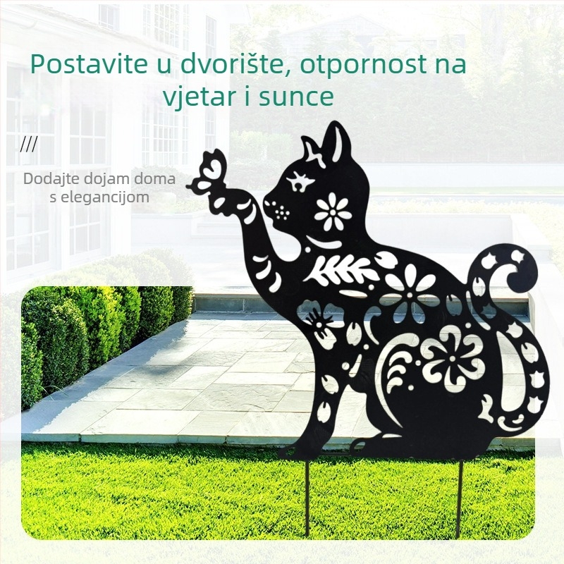 Vrtna metalna dekoracija sa siluetom životinja (mačka i pas), moderni minimalistički stil, materijal: metal, pogodna za vrt i trg