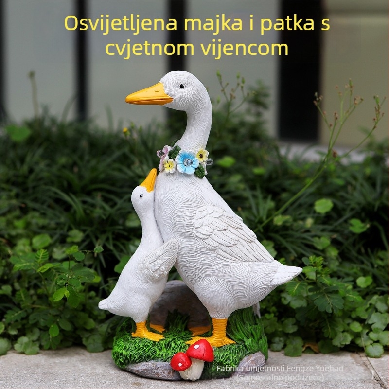 Solarna vrtna statue: majka i patka — ručno izrađeno, pastoralnog stila, od smole