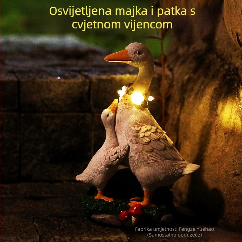 Solarna vrtna statue: majka i patka — ručno izrađeno, pastoralnog stila, od smole