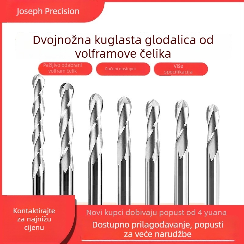 Dvostrano kuglasta završna glodala, tvrdi spoj, za drvo — kuglični promjer 1.5–12 mm; čeljusta Ø3.175–12 mm; duljina rezanja 38–150 mm; maksimalna dubina reza 6–100 mm