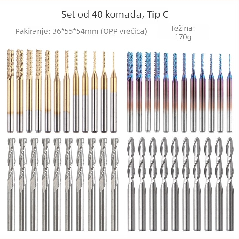 Set glodina za drvo, 10 kom., jednostrana kuglasta glava, spiralna glodala za CNC graviranje, drvo/MDF/laminirane ploče, Ø vretena 3,175 mm