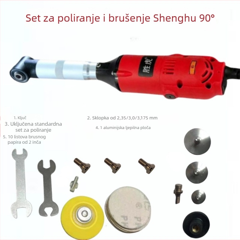 Victory Tiger 90° Električni kutni brusilnik za kalupe — brušenje i poliranje kalupa, čišćenje fuge pločica i graviranje; napajanje: priključak; promjenjiva brzina; napon 50–250V AC/DC