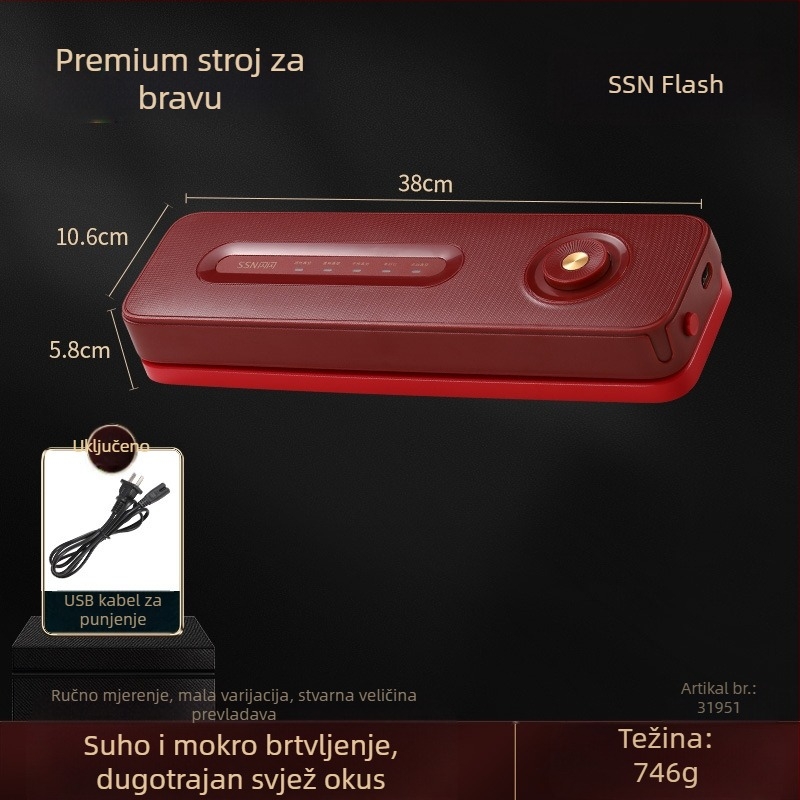Shiny Superior vakuumski stroj – model Light Luxury Sealing Machine, značajke: vakuumsko pakiranje, plastično pakiranje, USB napajanje, plastično kućište