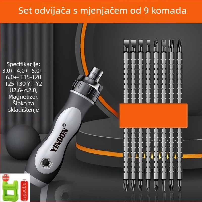 Set odvijača s mehanizmom račnog i teleskopskom drškom – križni i posebni oblici bitova, višefunkcionalan (Brand: Powerful Factory; Materijal: karbonska čelika; Set: Da)