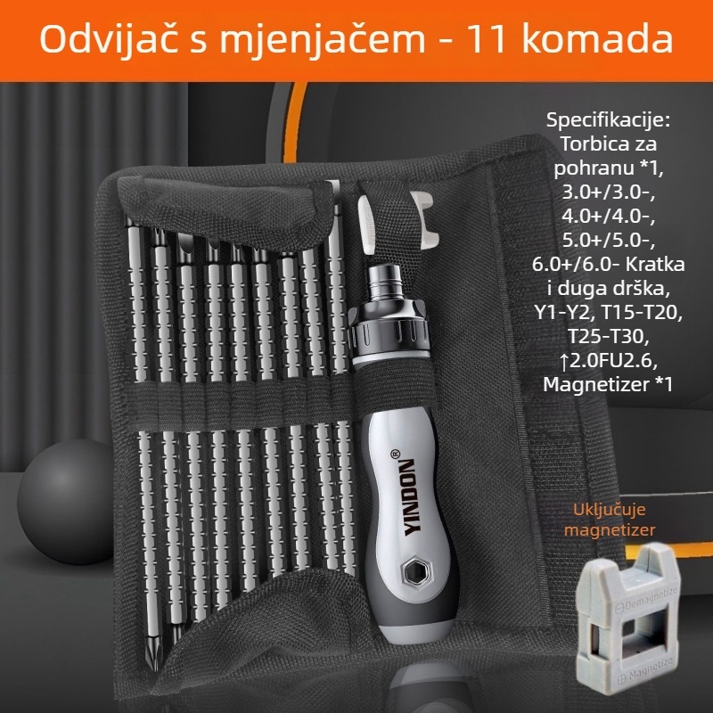 Set odvijača s mehanizmom račnog i teleskopskom drškom – križni i posebni oblici bitova, višefunkcionalan (Brand: Powerful Factory; Materijal: karbonska čelika; Set: Da)