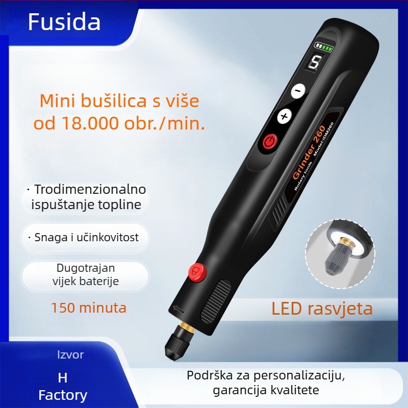 Mini ručni električni brusilica za brušenje, poliranje, rezanje i graviranje – 5 brzina, punjiva Li-ion baterija 3.7–5V, 2000mAh, USB kabel, kružno LED svjetlo