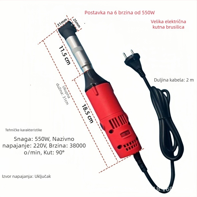 Victory Tiger 90° kutni stroj za čišćenje fuge pločica s polirnim brusnim alatom — 18000 rpm, napajanje iz mreže 110–220 V; pogodno za čišćenje fuge pločica i brušenje metala