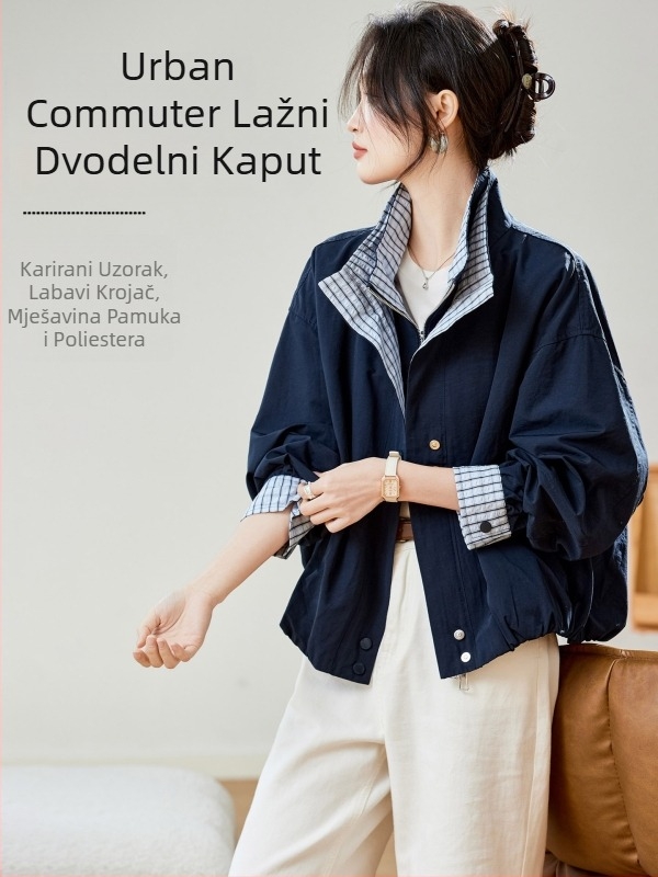 Ženska kratka jakna s lažnim dvodijelnim dizajnom, karirani uzorak, opušten kroj, zatvarač sprijeda, dugi rukavi, jesen-zima 2025