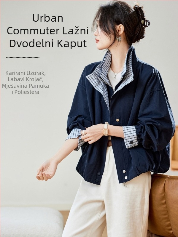 Ženska kratka jakna s lažnim dvodijelnim dizajnom, karirani uzorak, opušten kroj, zatvarač sprijeda, dugi rukavi, jesen-zima 2025