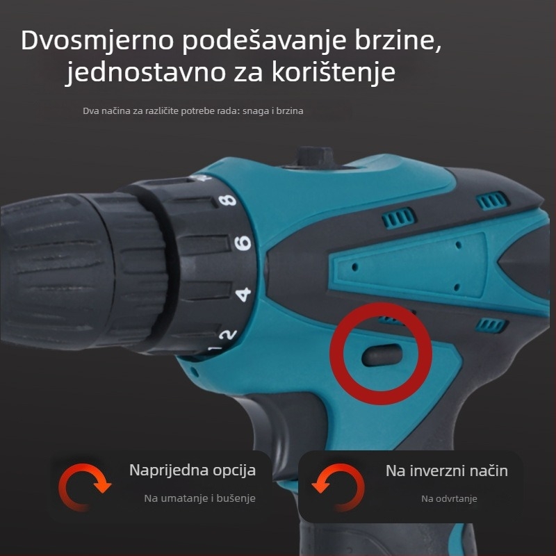 Bežični višenamjenski bušilica- odvijač za kućnu upotrebu, pištoljska ručka, Li‑ion baterija 18–21V, ratchet chuck, naprijed-nazad