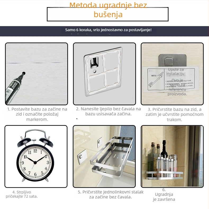 Stalak za začine od 304 nehrđajućeg čelika, zidni, bez bušenja, modernog minimalističkog dizajna