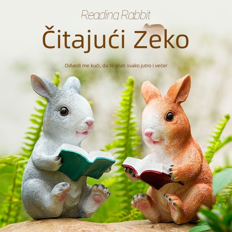 Smolnata vrtna miniatura s slatkim zekom za vanjski mikropejzaž — idiličan stil; Materijal: smola; Stil: idiličan; Tema: slatki zeko; Primjena: vrt/vanjski prostor