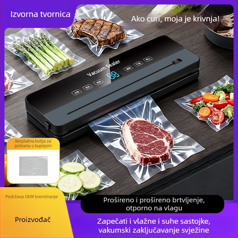 Kućna mašina za vakuumsko pakiranje mesa i povrća, automatska, ABS kućište, 220V, kapacitet 500–1000 ml, funkcija vakuuma i zatvaranja, mogućnost prilagodbe