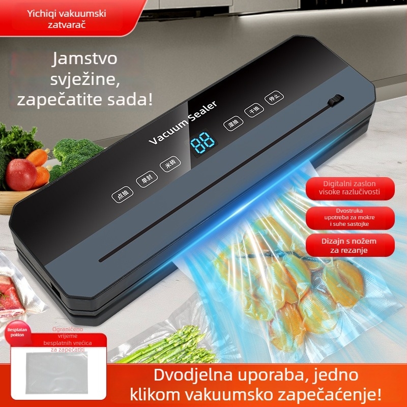 Kućna mašina za vakuumsko pakiranje mesa i povrća, automatska, ABS kućište, 220V, kapacitet 500–1000 ml, funkcija vakuuma i zatvaranja, mogućnost prilagodbe