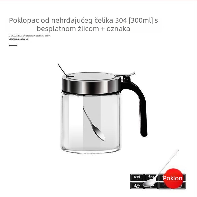 Staklena posuda za začine s opružnim poklopcem od nehrđajućeg čelika, vlagootporna, s držačem i malom žličicom, za čvrste začine