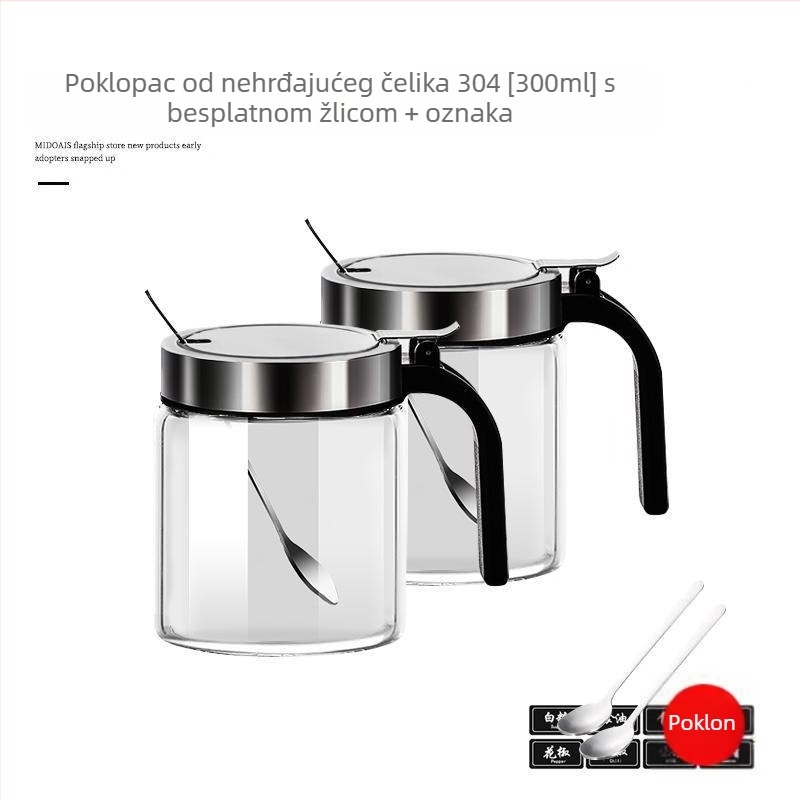 Staklena posuda za začine s opružnim poklopcem od nehrđajućeg čelika, vlagootporna, s držačem i malom žličicom, za čvrste začine