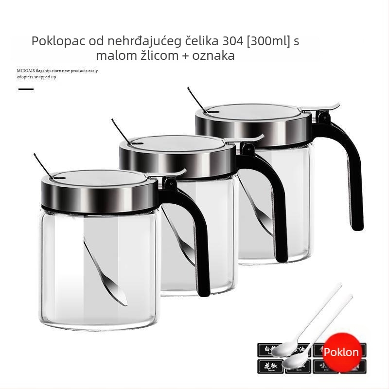 Staklena posuda za začine s opružnim poklopcem od nehrđajućeg čelika, vlagootporna, s držačem i malom žličicom, za čvrste začine