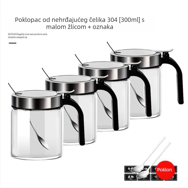 Staklena posuda za začine s opružnim poklopcem od nehrđajućeg čelika, vlagootporna, s držačem i malom žličicom, za čvrste začine