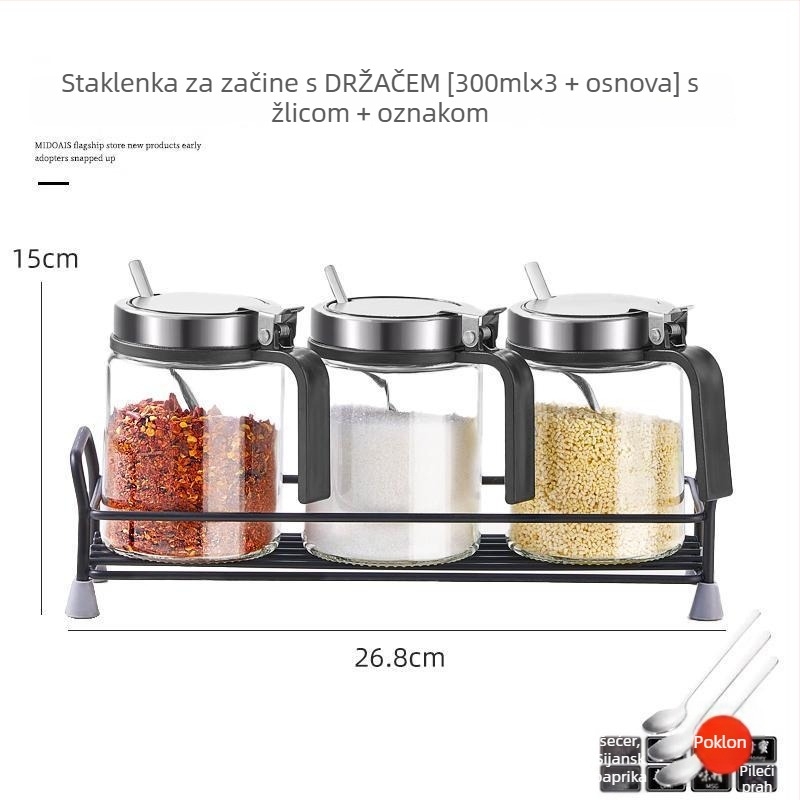 Staklena posuda za začine s opružnim poklopcem od nehrđajućeg čelika, vlagootporna, s držačem i malom žličicom, za čvrste začine