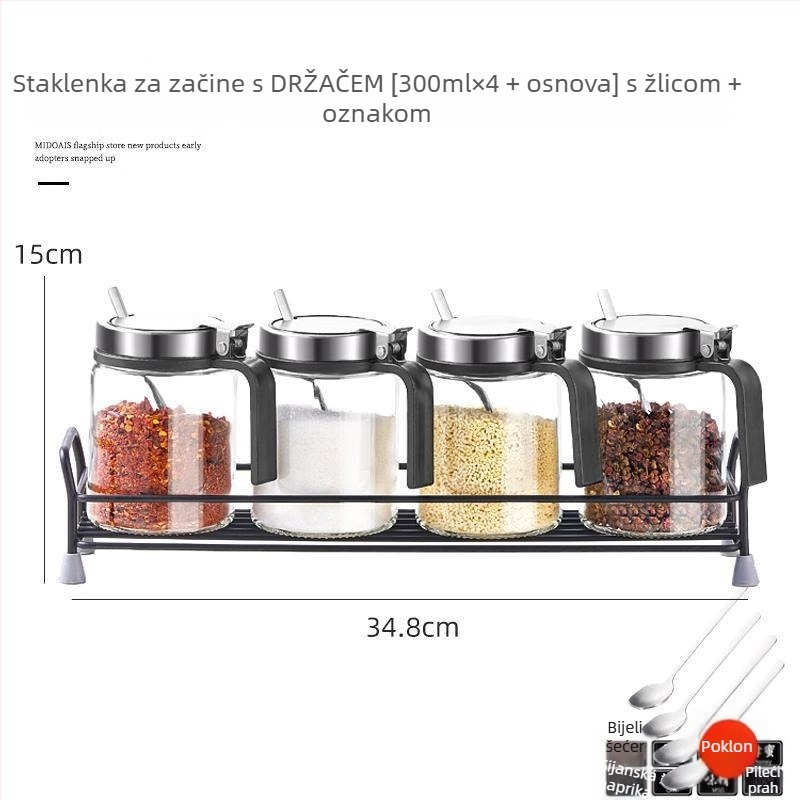 Staklena posuda za začine s opružnim poklopcem od nehrđajućeg čelika, vlagootporna, s držačem i malom žličicom, za čvrste začine