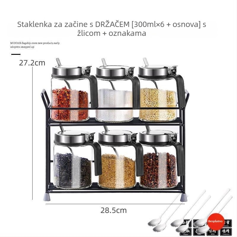 Staklena posuda za začine s opružnim poklopcem od nehrđajućeg čelika, vlagootporna, s držačem i malom žličicom, za čvrste začine