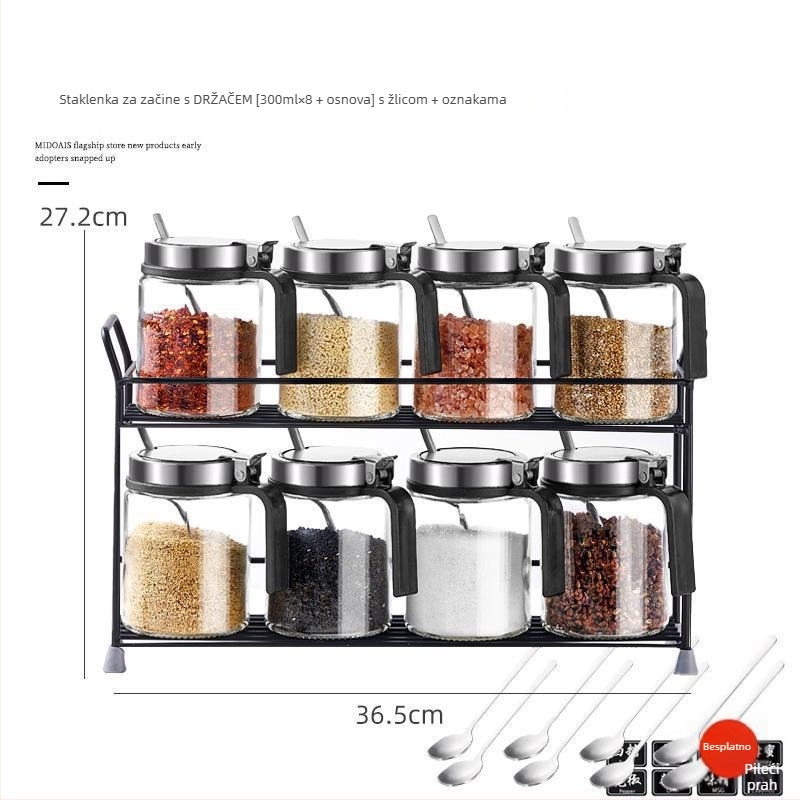 Staklena posuda za začine s opružnim poklopcem od nehrđajućeg čelika, vlagootporna, s držačem i malom žličicom, za čvrste začine