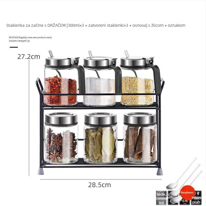 Staklena posuda za začine s opružnim poklopcem od nehrđajućeg čelika, vlagootporna, s držačem i malom žličicom, za čvrste začine