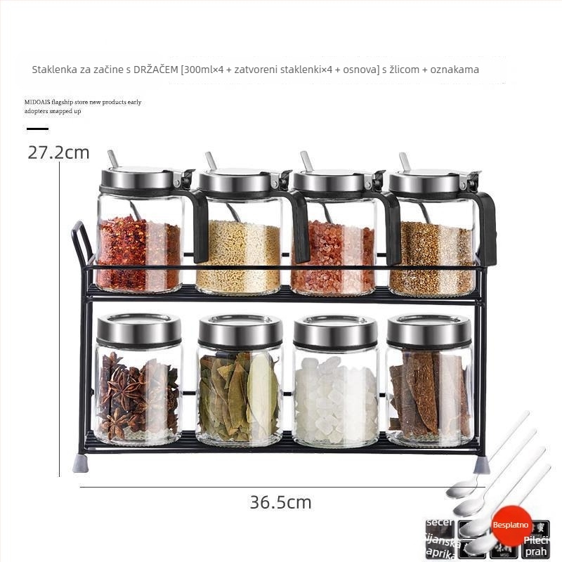 Staklena posuda za začine s opružnim poklopcem od nehrđajućeg čelika, vlagootporna, s držačem i malom žličicom, za čvrste začine