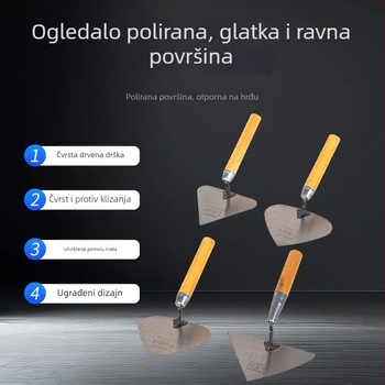 Set alata za zidanje s drvenom drškom: oštra lopata, trokutasta lopata u obliku breskve, zidarski nož, malterska špatula i završni nož. Podrijetlo: Shandong, Kina; Model: Sharp knife type; Namijenjeno za gradilišta i zidare
