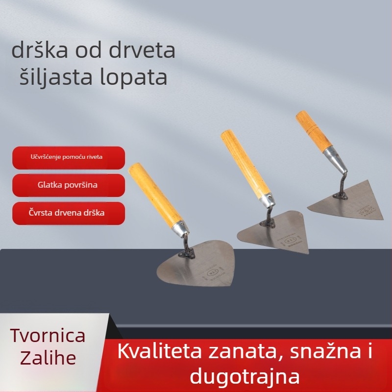 Set alata za zidanje s drvenom drškom: oštra lopata, trokutasta lopata u obliku breskve, zidarski nož, malterska špatula i završni nož. Podrijetlo: Shandong, Kina; Model: Sharp knife type; Namijenjeno za gradilišta i zidare