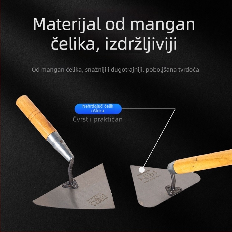Set alata za zidanje s drvenom drškom: oštra lopata, trokutasta lopata u obliku breskve, zidarski nož, malterska špatula i završni nož. Podrijetlo: Shandong, Kina; Model: Sharp knife type; Namijenjeno za gradilišta i zidare