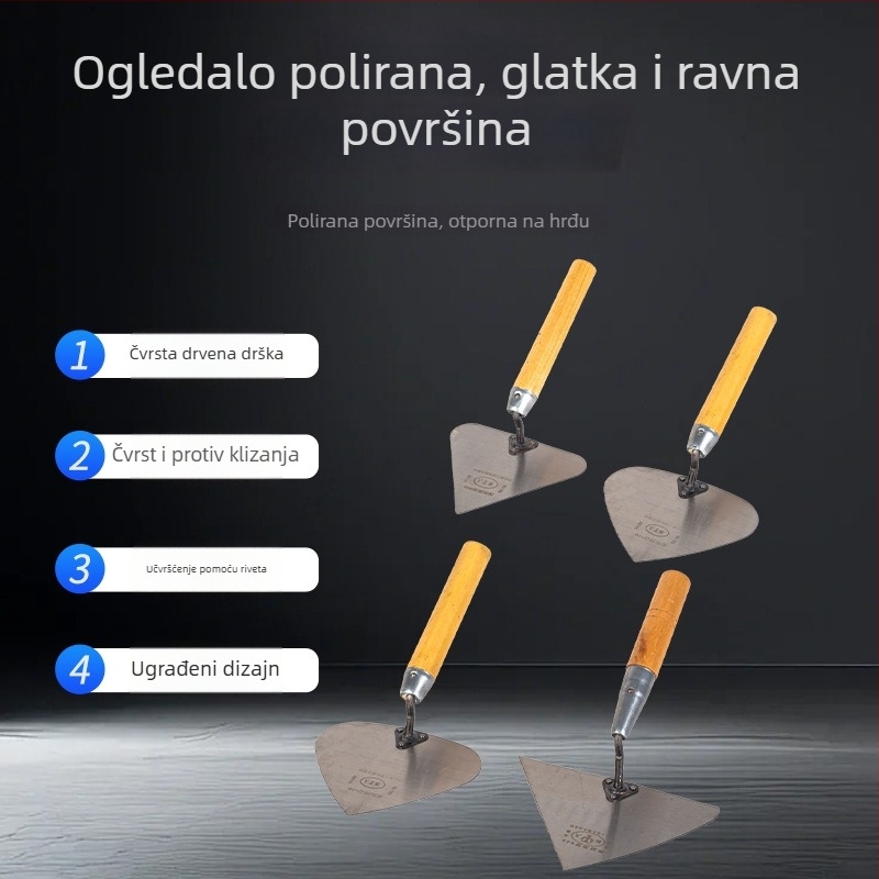 Set alata za zidanje s drvenom drškom: oštra lopata, trokutasta lopata u obliku breskve, zidarski nož, malterska špatula i završni nož. Podrijetlo: Shandong, Kina; Model: Sharp knife type; Namijenjeno za gradilišta i zidare