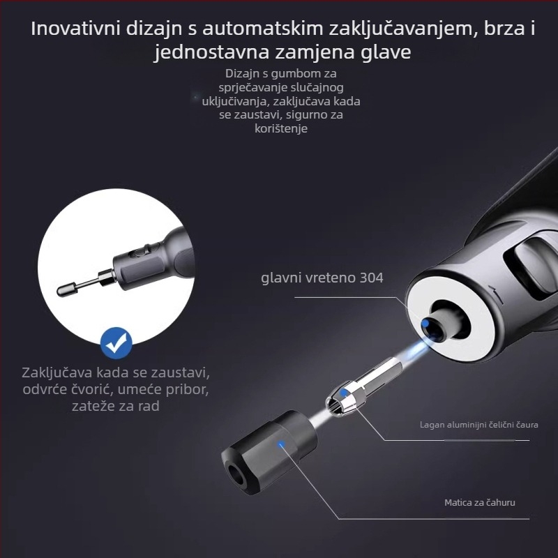 Mini bežična električna brusilica za graviranje, poliranje i rezanje – 8V, šest brzina, 225 g, u kompletu: glava za brušenje, bušilica, rezni disk, brusni papir