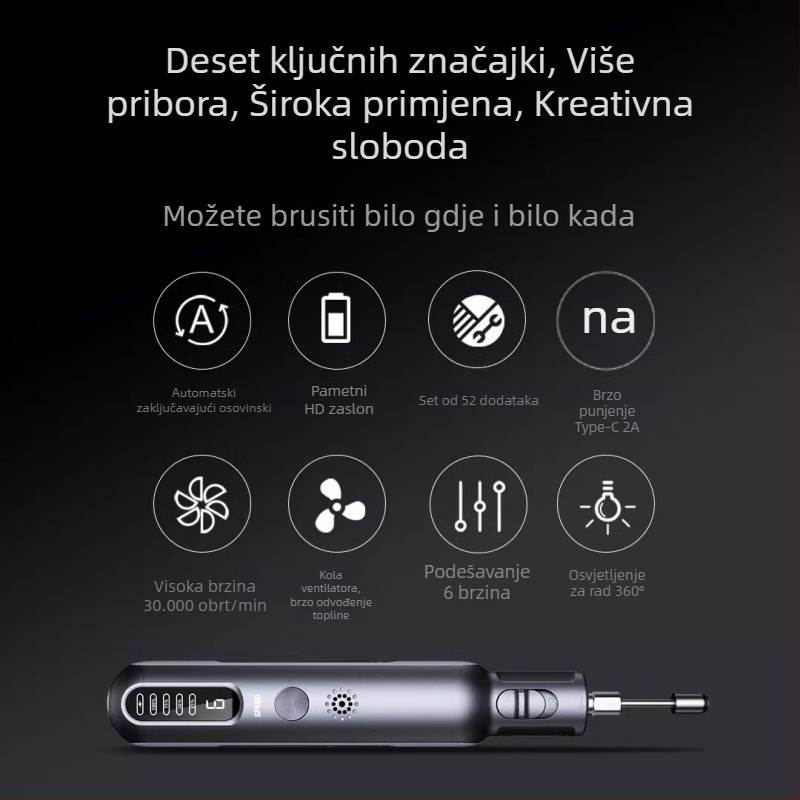 Mini bežična električna brusilica za graviranje, poliranje i rezanje – 8V, šest brzina, 225 g, u kompletu: glava za brušenje, bušilica, rezni disk, brusni papir