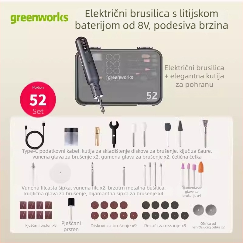 Mini bežična električna brusilica za graviranje, poliranje i rezanje – 8V, šest brzina, 225 g, u kompletu: glava za brušenje, bušilica, rezni disk, brusni papir