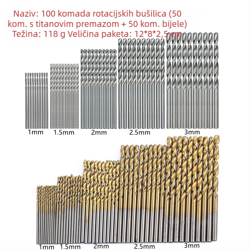 Set od 50 komada titanijem obloženih spiralnih svrdla s okruglim držačem