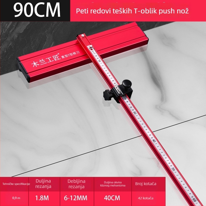 Prenosični rezač pločica s pet koluta u pet redova i T-oblikovim tlačnim nožem, za rezanje keramičkih pločica