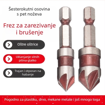 Set alata za drvo - 5 komada s šesterokutnom ručkom, petostranni chamferer, uklanjanje strugotina i proširenje rupa