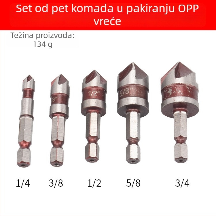 Set alata za drvo - 5 komada s šesterokutnom ručkom, petostranni chamferer, uklanjanje strugotina i proširenje rupa