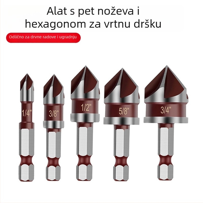 Set alata za drvo - 5 komada s šesterokutnom ručkom, petostranni chamferer, uklanjanje strugotina i proširenje rupa